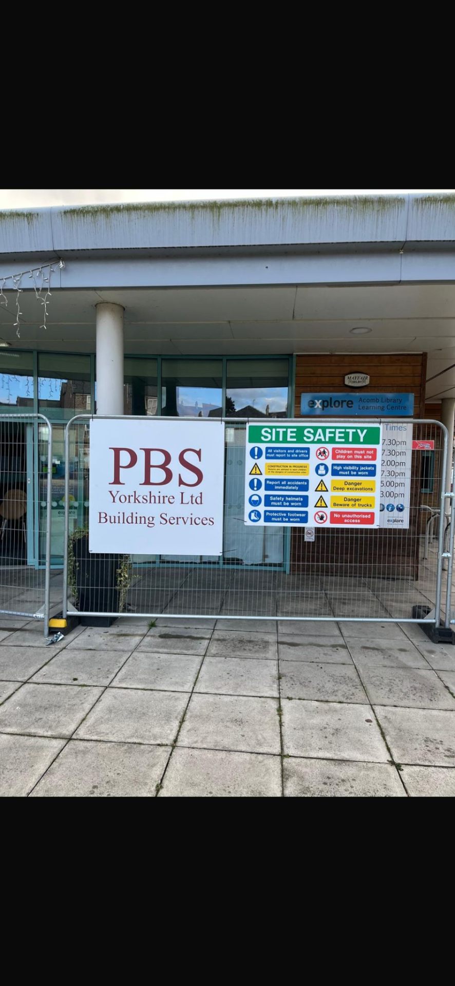 PBS Yorkshire Building Services site hoarding at Acomb Library refurbishment